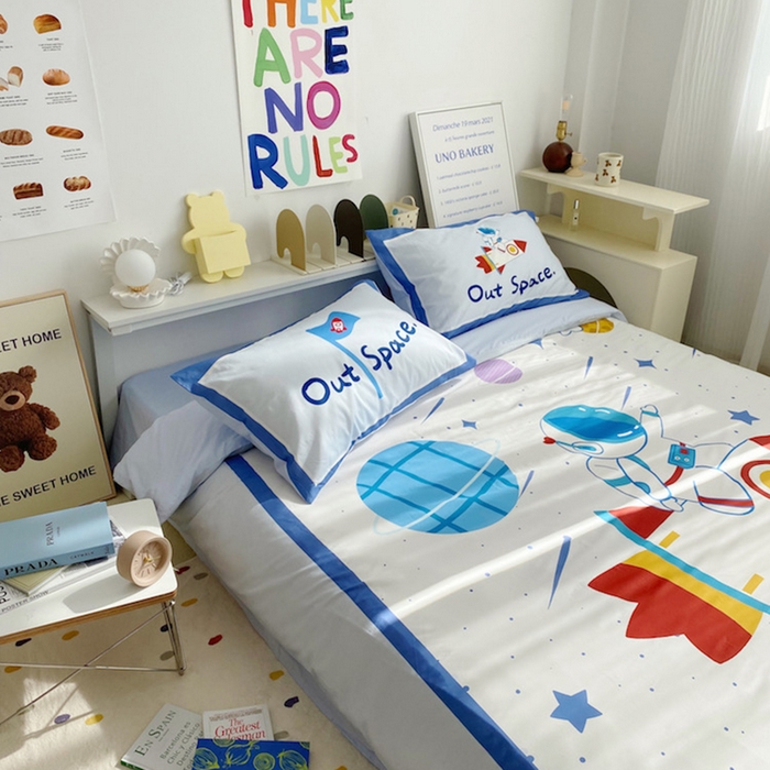 91家纺网 家纺一手货源 找家纺 柚可家居 2024定版数码印花卡通40全棉四件套 宇航员白