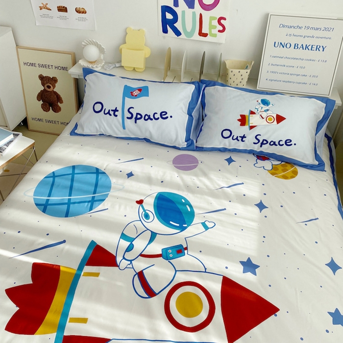 91家纺网 家纺一手货源 找家纺 柚可家居 2024定版数码印花卡通40全棉四件套 宇航员白