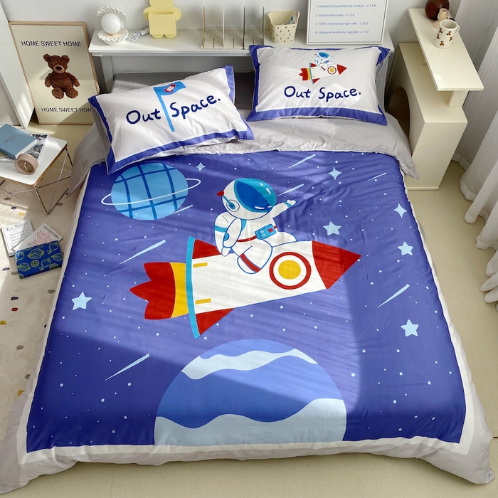 柚可家居 2024定版数码印花卡通40全棉四件套 宇航员蓝