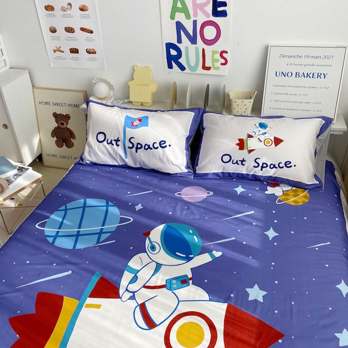 91家纺网 家纺一手货源 找家纺 柚可家居 2024定版数码印花卡通40全棉四件套 宇航员蓝