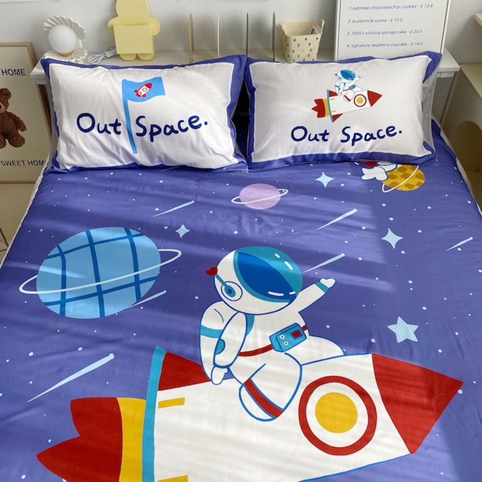 91家纺网 家纺一手货源 找家纺 柚可家居 2024定版数码印花卡通40全棉四件套 宇航员蓝