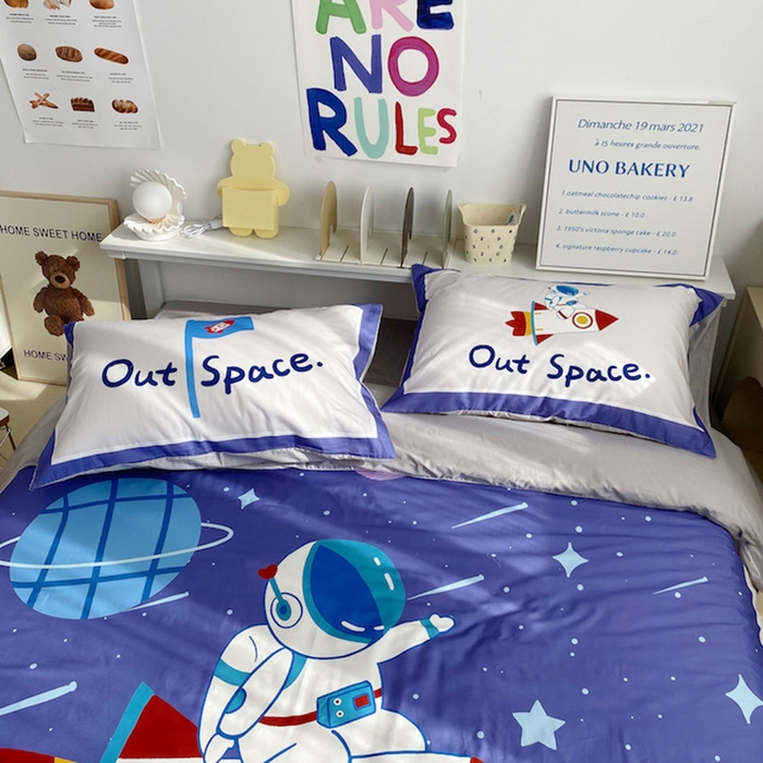 91家纺网 家纺一手货源 找家纺 柚可家居 2024定版数码印花卡通40全棉四件套 宇航员蓝