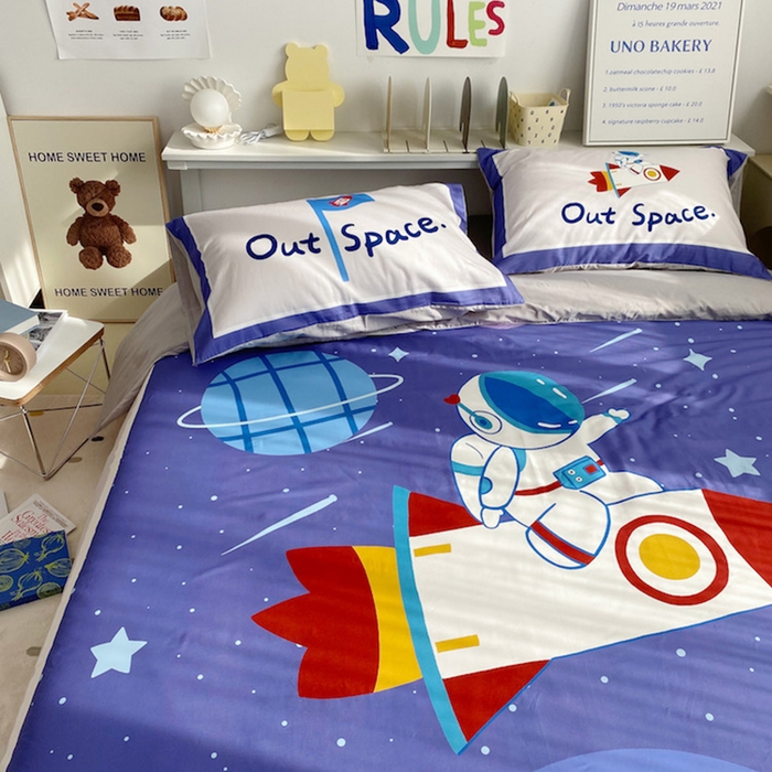 91家纺网 家纺一手货源 找家纺 柚可家居 2024定版数码印花卡通40全棉四件套 宇航员蓝