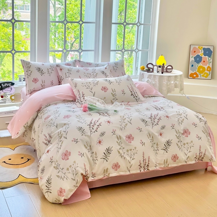 91家纺网 家纺一手货源 找家纺 珂博家纺 2025新款12868全棉纯棉小清新印花四件套学生宿舍三件套-系列二 粉萼摇青