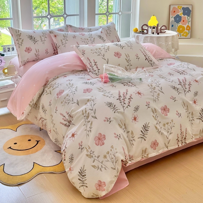 91家纺网 家纺一手货源 找家纺 珂博家纺 2025新款12868全棉纯棉小清新印花四件套学生宿舍三件套-系列二 粉萼摇青