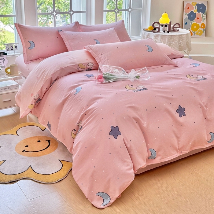 91家纺网 家纺一手货源 找家纺 珂博家纺 2025新款12868全棉纯棉小清新印花四件套学生宿舍三件套-系列二 粉穹星语