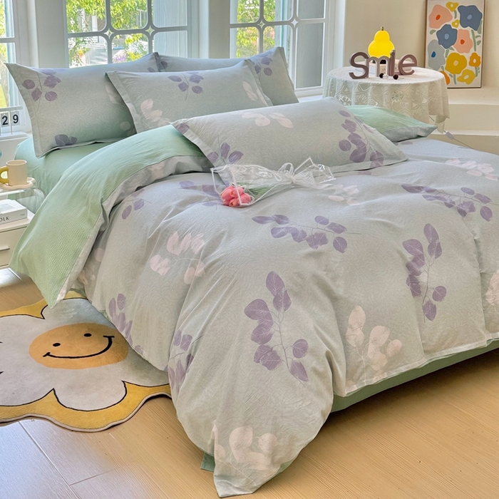 91家纺网 家纺一手货源 找家纺 珂博家纺 2025新款12868全棉纯棉小清新印花四件套学生宿舍三件套-系列二 浮青曳紫