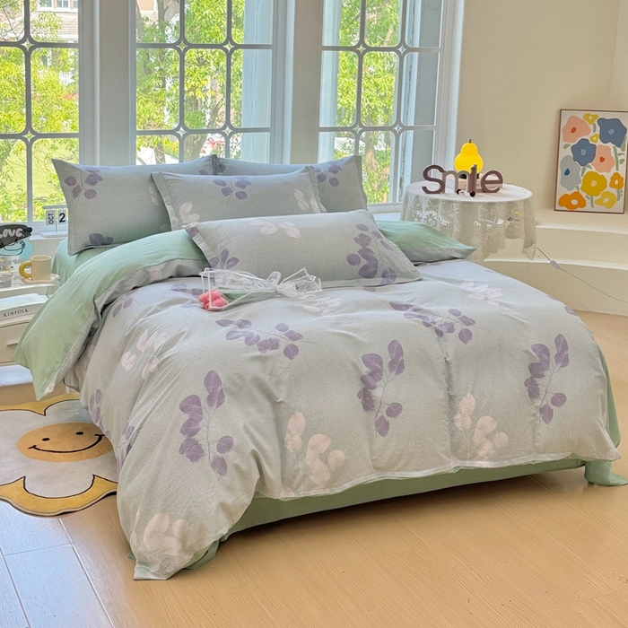 91家纺网 家纺一手货源 找家纺 珂博家纺 2025新款12868全棉纯棉小清新印花四件套学生宿舍三件套-系列二 浮青曳紫