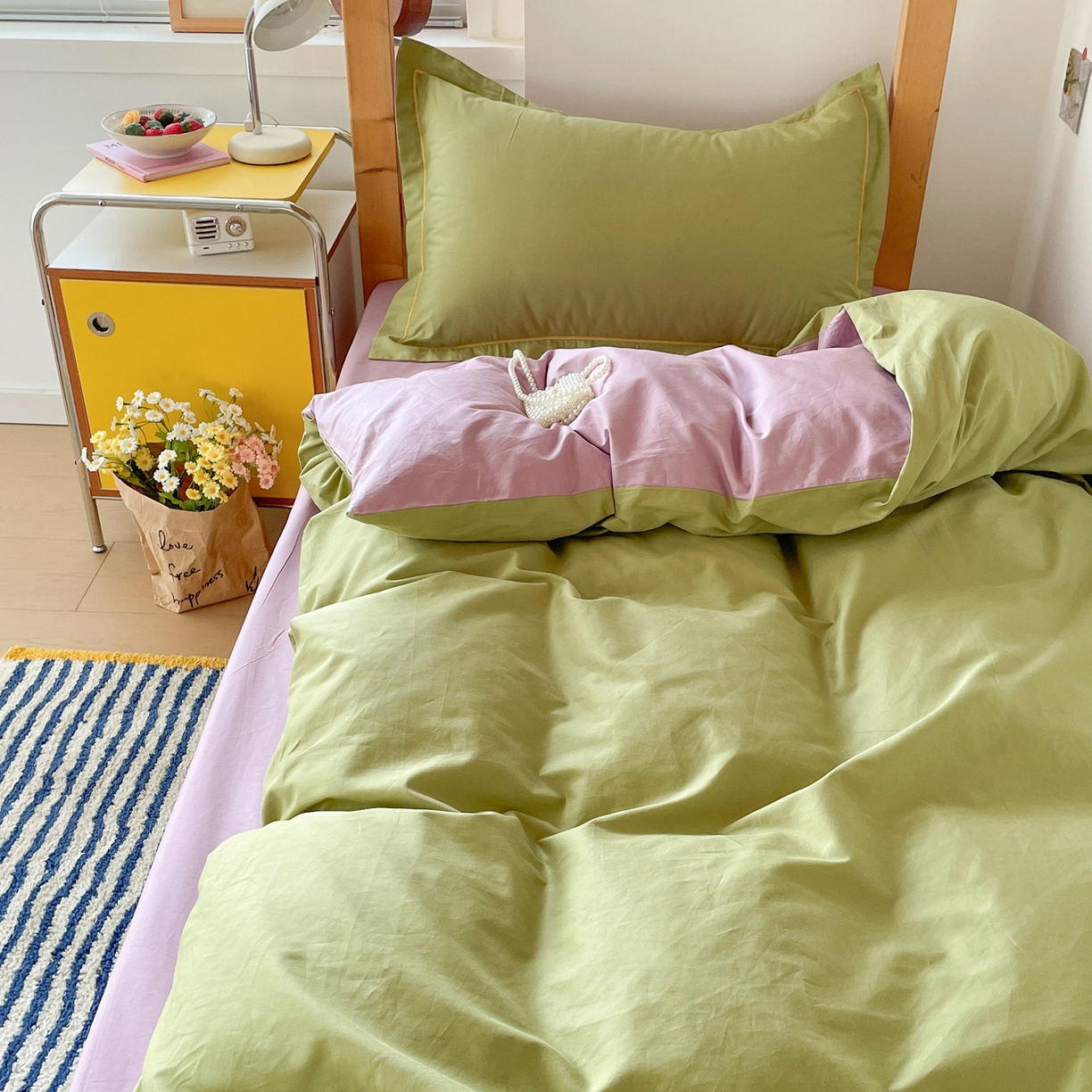 91家纺网 家纺一手货源 找家纺 恩泽家纺 2025新款全棉双拼学生宿舍三件套 果绿+香芋紫