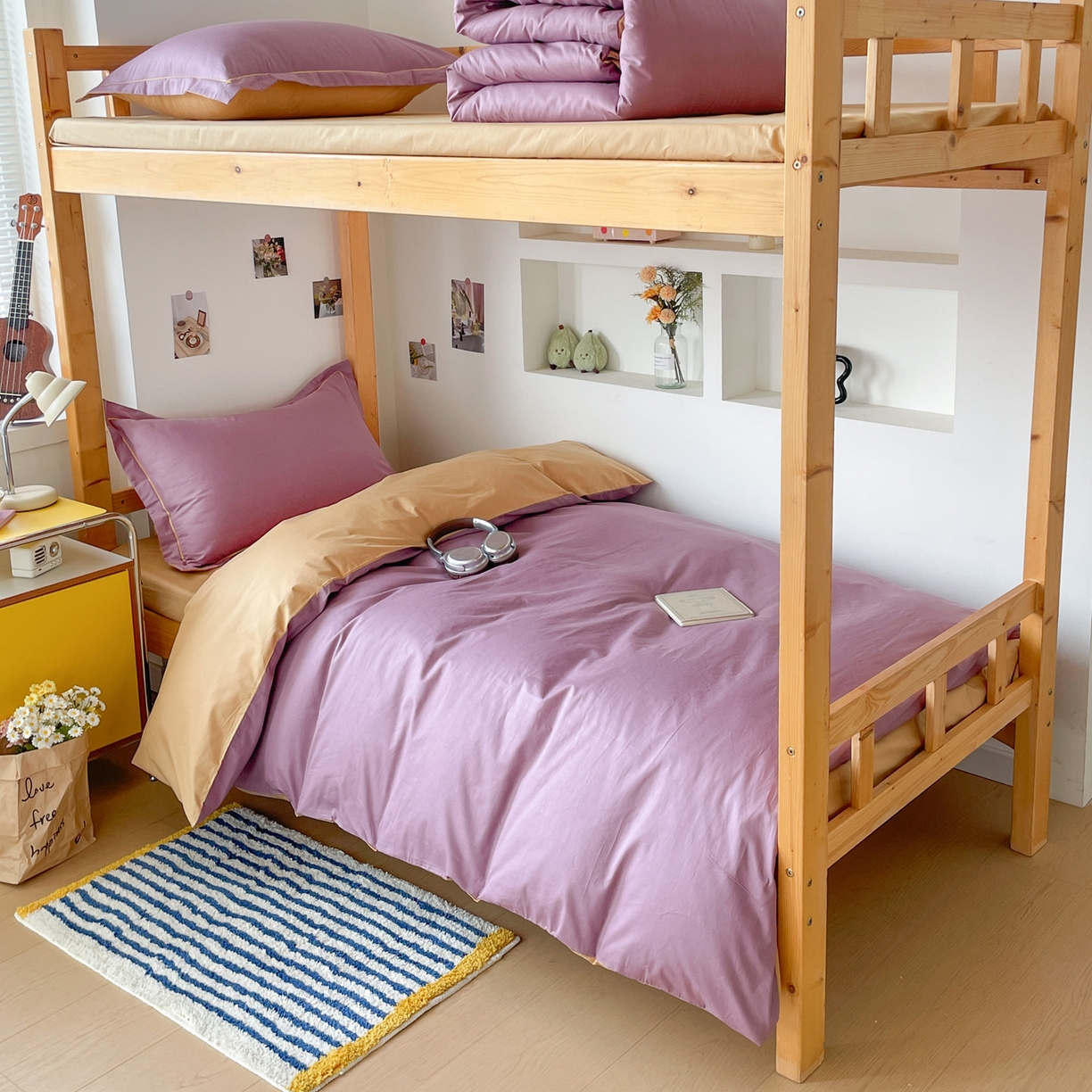 91家纺网 家纺一手货源 找家纺 恩泽家纺 2025新款全棉双拼学生宿舍三件套 灰紫+卡其