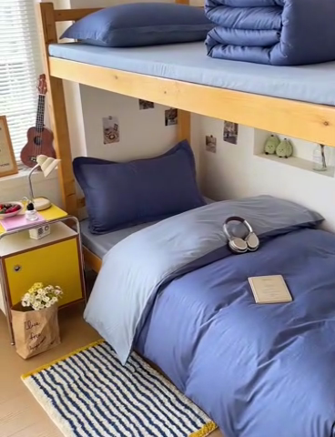 91家纺网 家纺一手货源 找家纺 恩泽家纺 2025新款全棉双拼学生宿舍三件套 藏青+月白兰