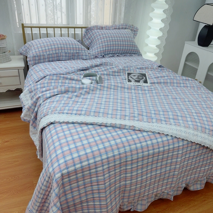 91家纺网 家纺一手货源 找家纺 暖居 2025新款全棉水洗棉床盖三件套可配同款被套同款多功能夏被四季通用 紫小格