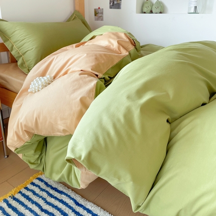 恩泽家纺 2025新款全棉双拼学生宿舍三件套 果绿+卡其
