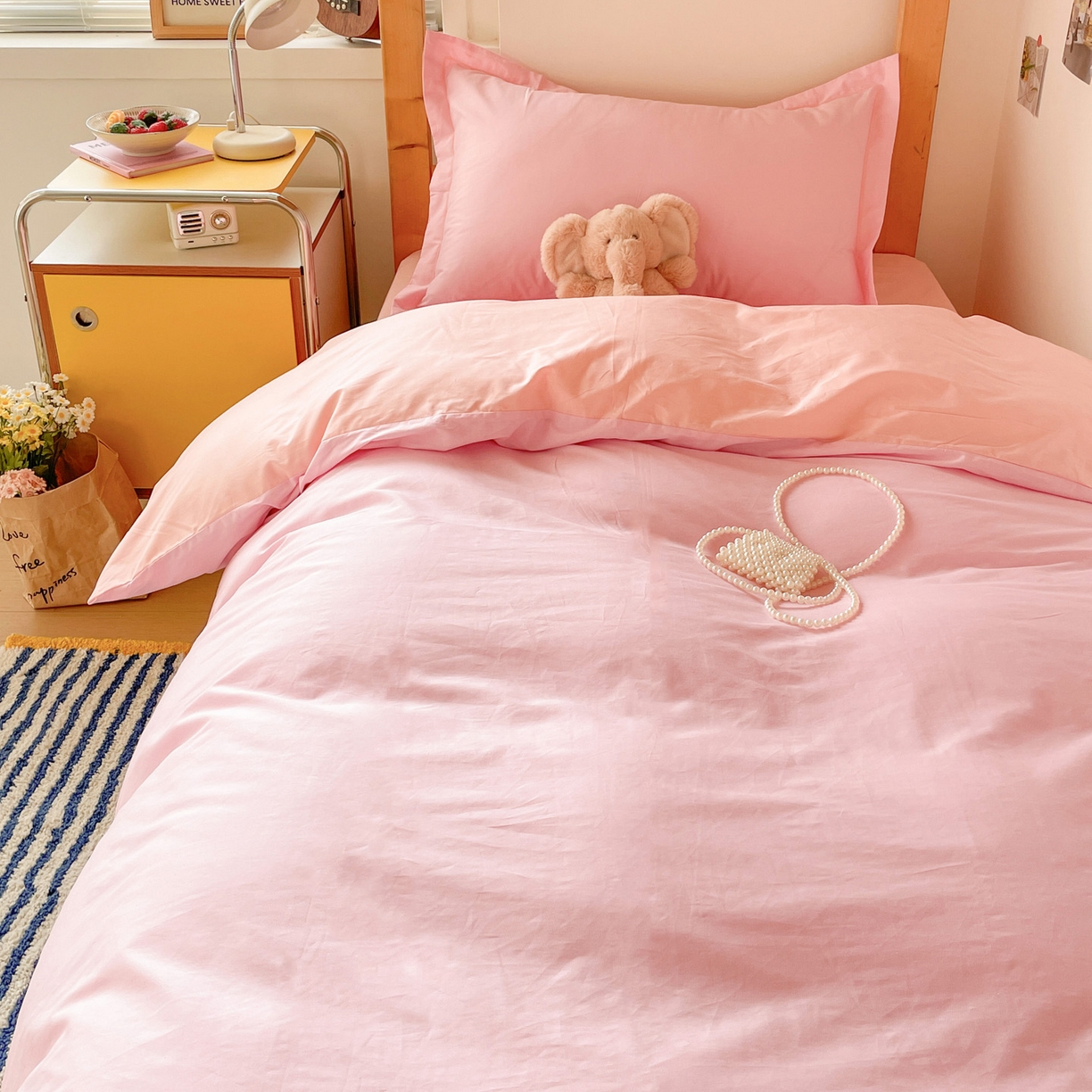 91家纺网 家纺一手货源 找家纺 恩泽家纺 2025新款全棉双拼学生宿舍三件套 粉色+玉色