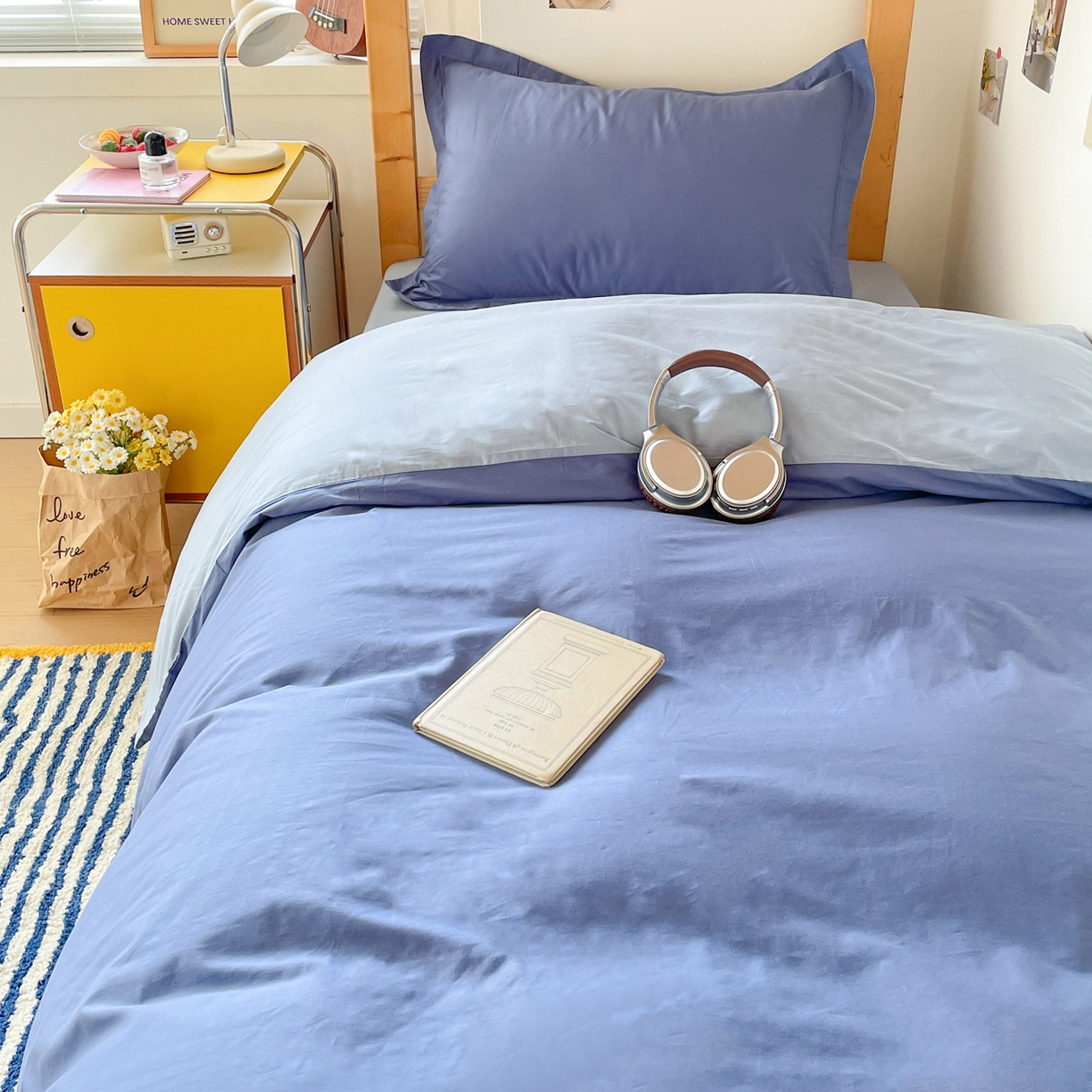 91家纺网 家纺一手货源 找家纺 恩泽家纺 2025新款全棉双拼学生宿舍三件套 藏青+月白兰