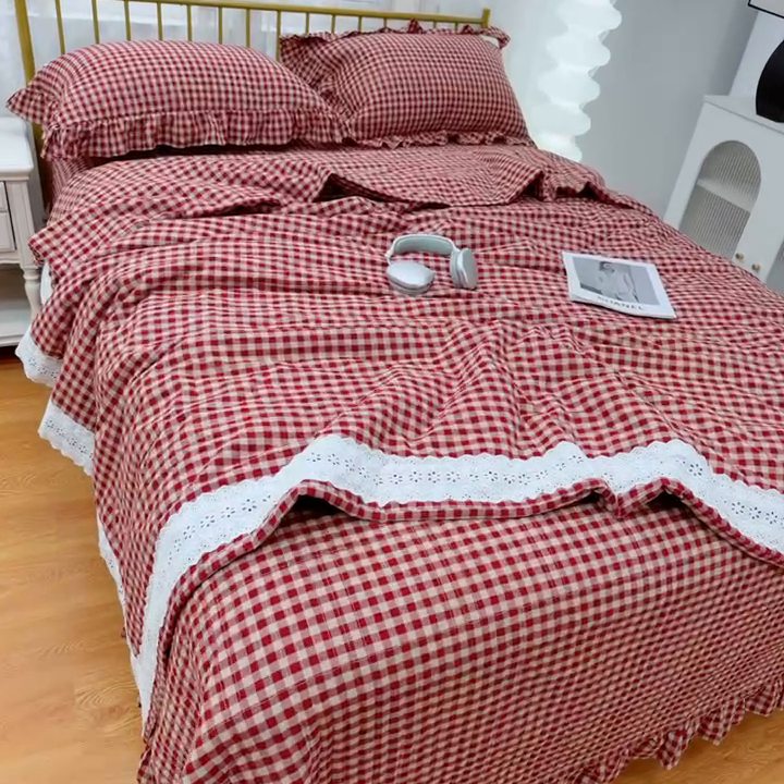 91家纺网 家纺一手货源 找家纺 暖居 2025新款全棉水洗棉床盖三件套可配同款被套同款多功能夏被四季通用 复式红咖格