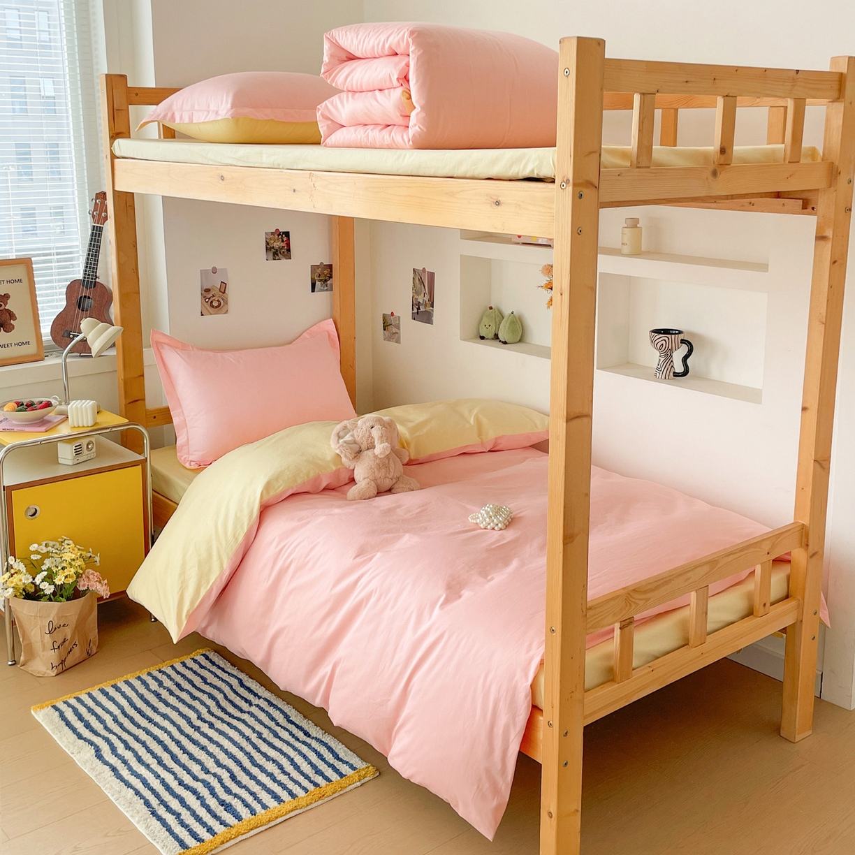 91家纺网 家纺一手货源 找家纺 恩泽家纺 2025新款全棉双拼学生宿舍三件套 玉色+鹅黄