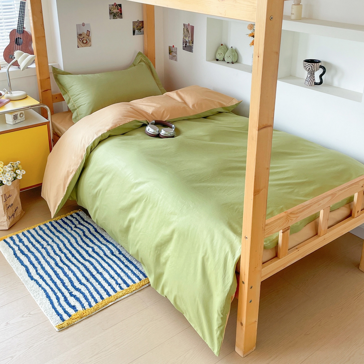 91家纺网 家纺一手货源 找家纺 恩泽家纺 2025新款全棉双拼学生宿舍三件套 果绿+卡其