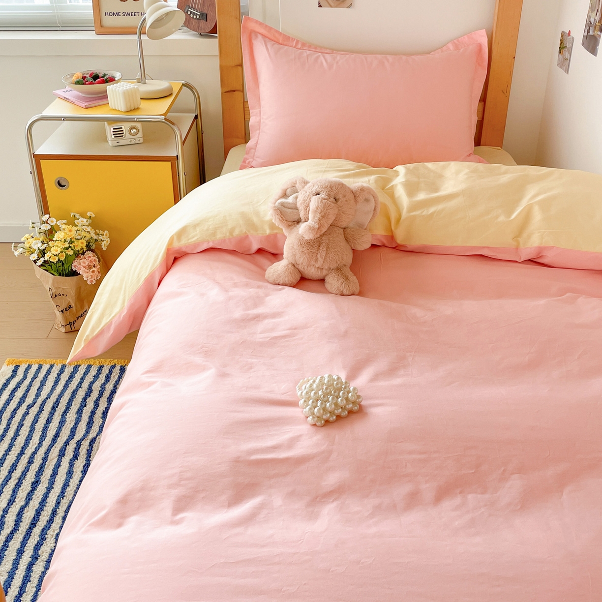 91家纺网 家纺一手货源 找家纺 恩泽家纺 2025新款全棉双拼学生宿舍三件套 玉色+鹅黄