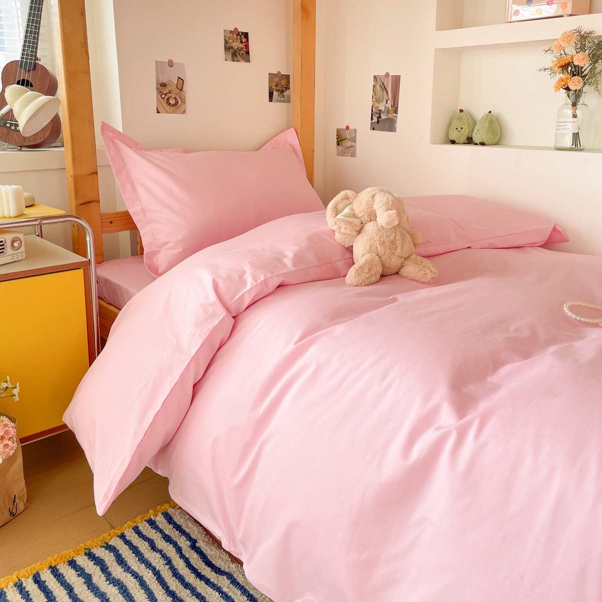 91家纺网 家纺一手货源 找家纺 恩泽家纺 2025新款全棉双拼学生宿舍三件套 粉色