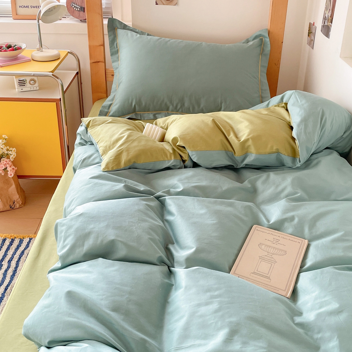 91家纺网 家纺一手货源 找家纺 恩泽家纺 2025新款全棉双拼学生宿舍三件套 灰绿+果绿