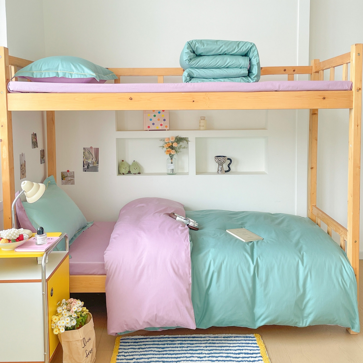 91家纺网 家纺一手货源 找家纺 恩泽家纺 2025新款全棉双拼学生宿舍三件套 灰绿+香芋紫