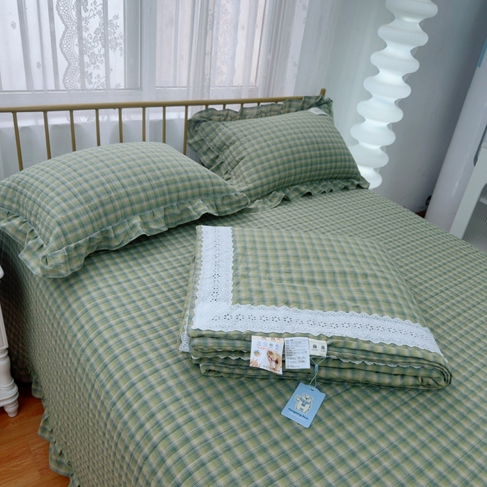 91家纺网 家纺一手货源 找家纺 暖居 2025新款全棉水洗棉床盖三件套可配同款被套同款多功能夏被四季通用 复古绿格