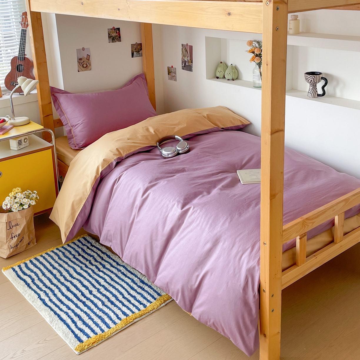 91家纺网 家纺一手货源 找家纺 恩泽家纺 2025新款全棉双拼学生宿舍三件套 灰紫+卡其