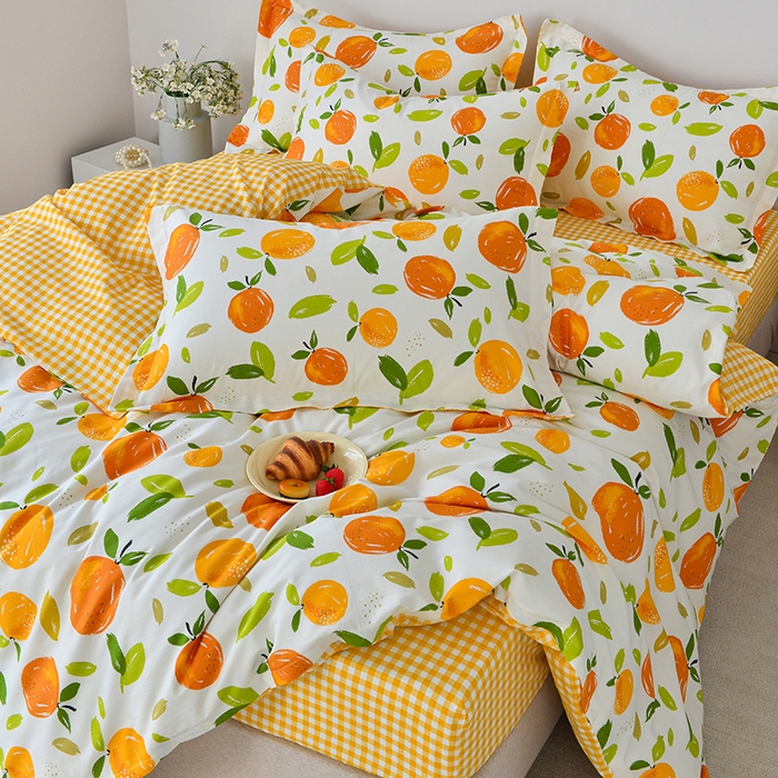 91家纺网 家纺一手货源 找家纺 登登家纺 2025新款全棉床笠四件套系列 橙意满满-带床笠
