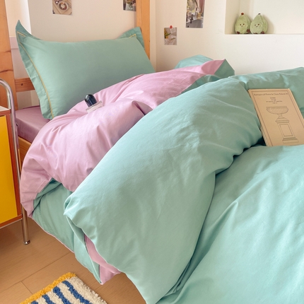 恩泽家纺 2025新款全棉双拼学生宿舍三件套 灰绿+香芋紫
