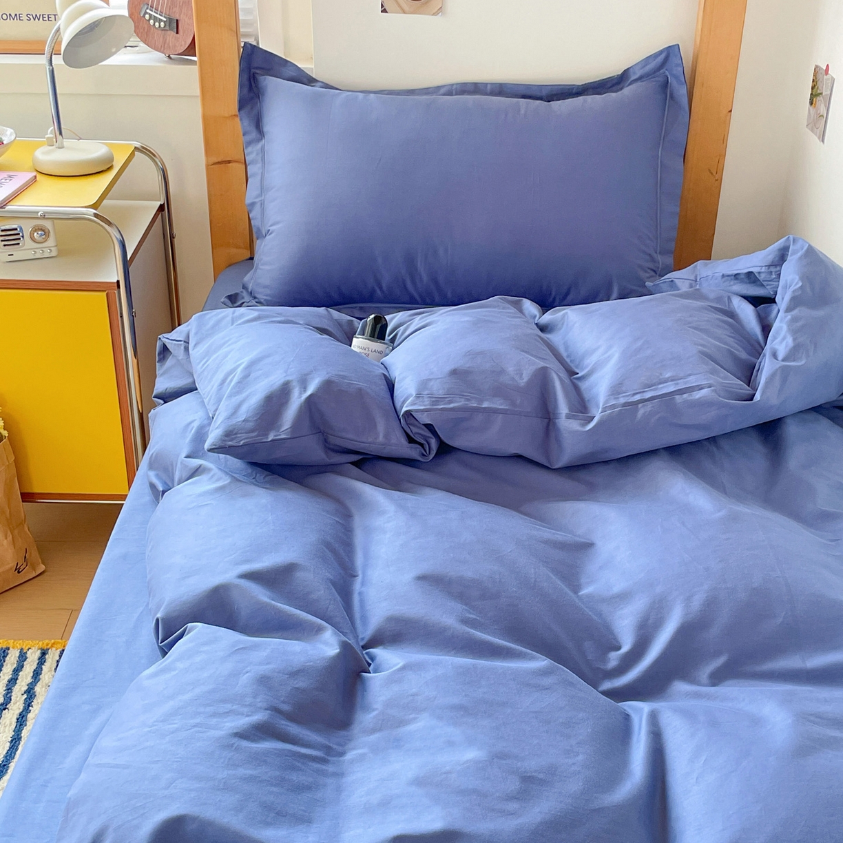 91家纺网 家纺一手货源 找家纺 恩泽家纺 2025新款全棉双拼学生宿舍三件套 藏青色
