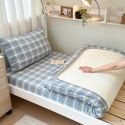 玖弘家居 2025新款全棉色织水洗棉床笠系列 简兮蓝