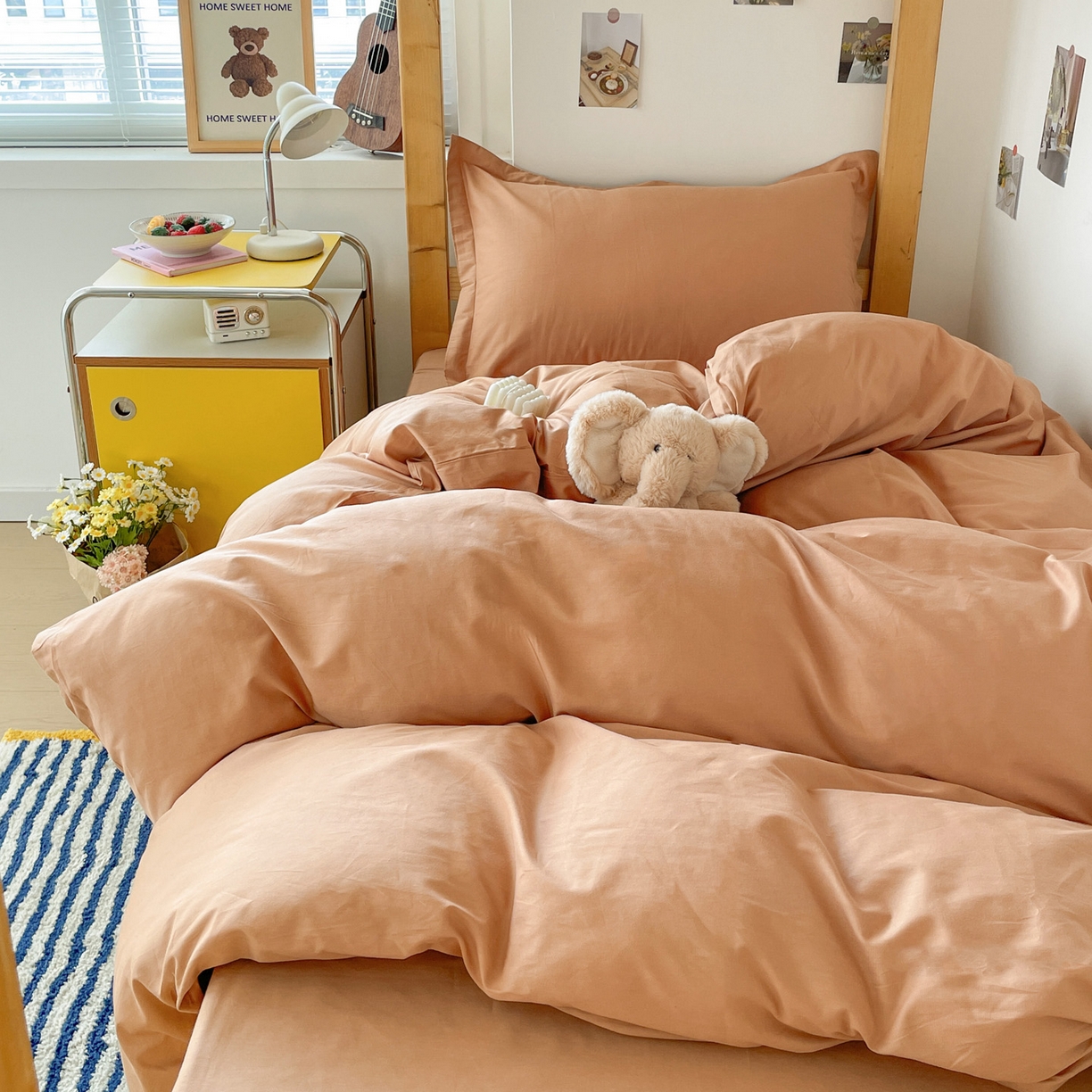 91家纺网 家纺一手货源 找家纺 恩泽家纺 2025新款全棉双拼学生宿舍三件套 红驼色