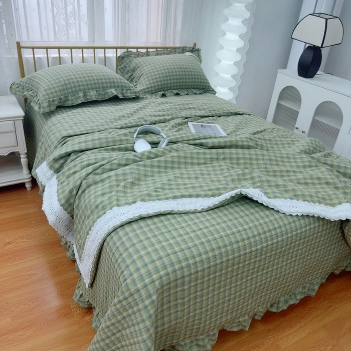 91家纺网 家纺一手货源 找家纺 暖居 2025新款全棉水洗棉床盖三件套可配同款被套同款多功能夏被四季通用 复古绿格