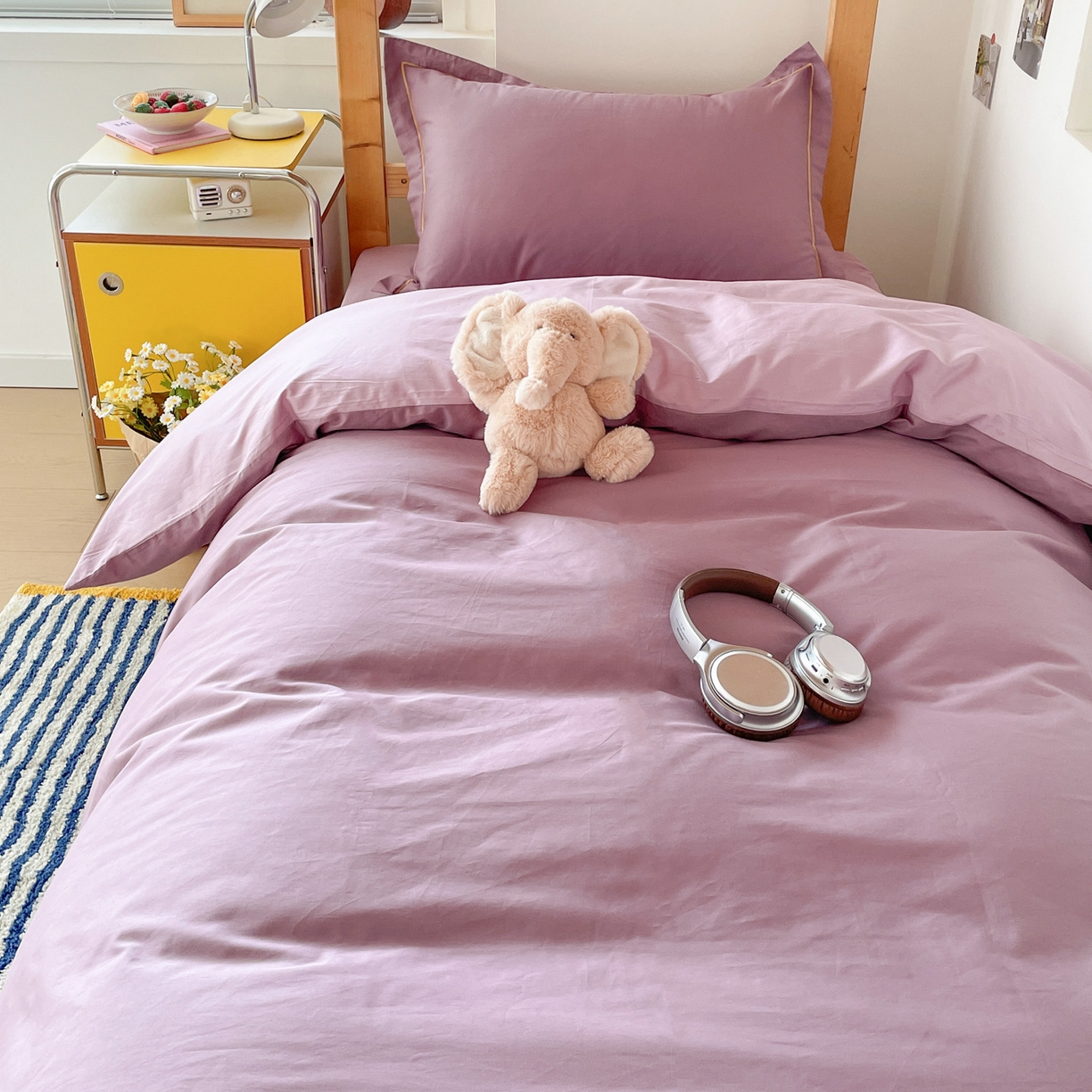 91家纺网 家纺一手货源 找家纺 恩泽家纺 2025新款全棉双拼学生宿舍三件套 灰紫+香芋紫