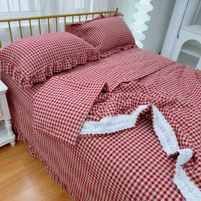 91家纺网 家纺一手货源 找家纺 暖居 2025新款全棉水洗棉床盖三件套可配同款被套同款多功能夏被四季通用 复式红咖格