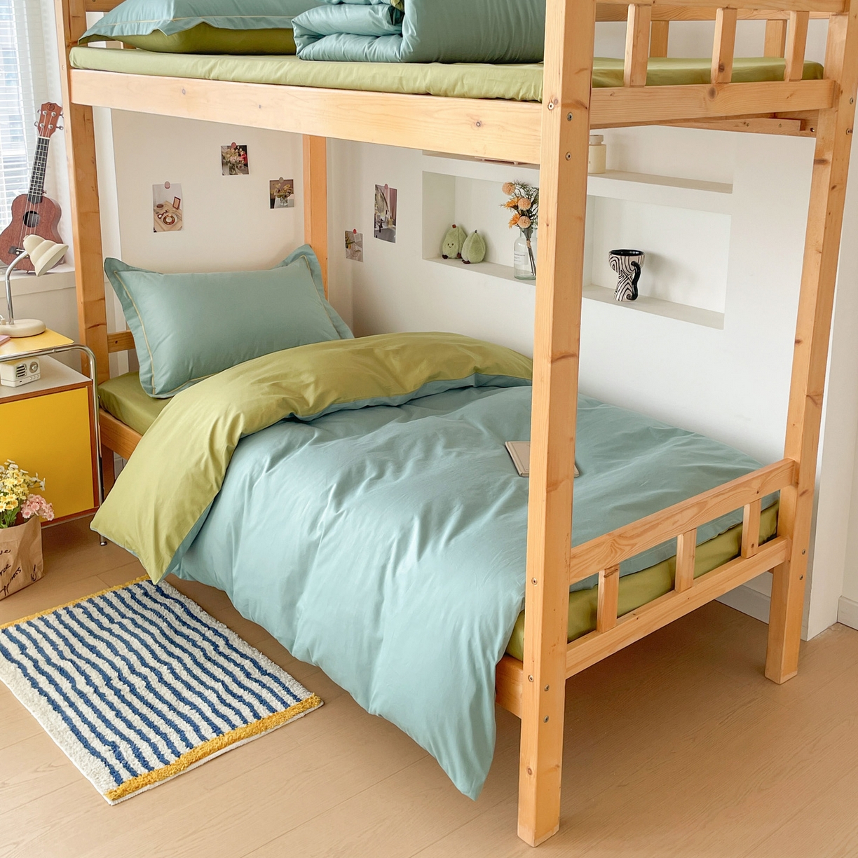 91家纺网 家纺一手货源 找家纺 恩泽家纺 2025新款全棉双拼学生宿舍三件套 灰绿+果绿