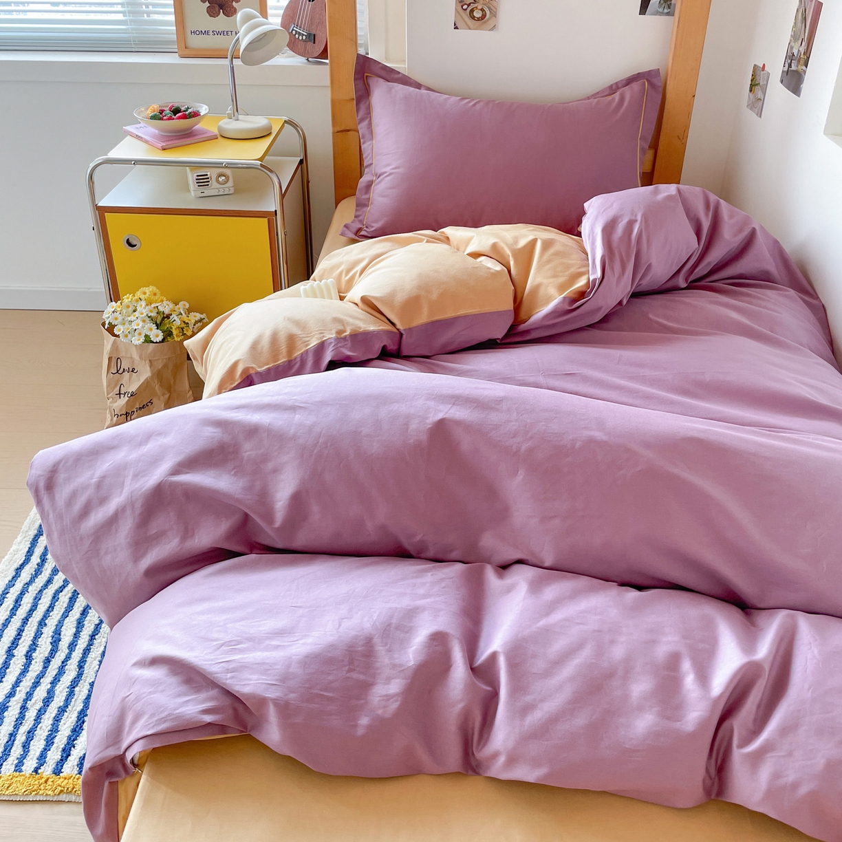 91家纺网 家纺一手货源 找家纺 恩泽家纺 2025新款全棉双拼学生宿舍三件套 灰紫+卡其