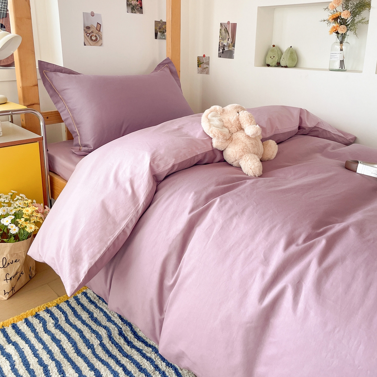 91家纺网 家纺一手货源 找家纺 恩泽家纺 2025新款全棉双拼学生宿舍三件套 灰紫+香芋紫