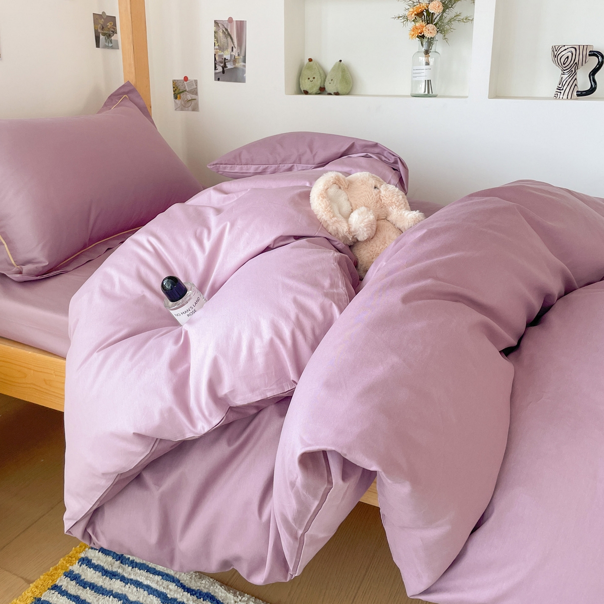 91家纺网 家纺一手货源 找家纺 恩泽家纺 2025新款全棉双拼学生宿舍三件套 灰紫+香芋紫