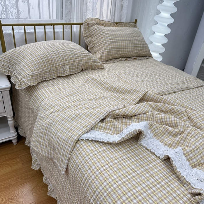 91家纺网 家纺一手货源 找家纺 暖居 2025新款全棉水洗棉床盖三件套可配同款被套同款多功能夏被四季通用 黄小格