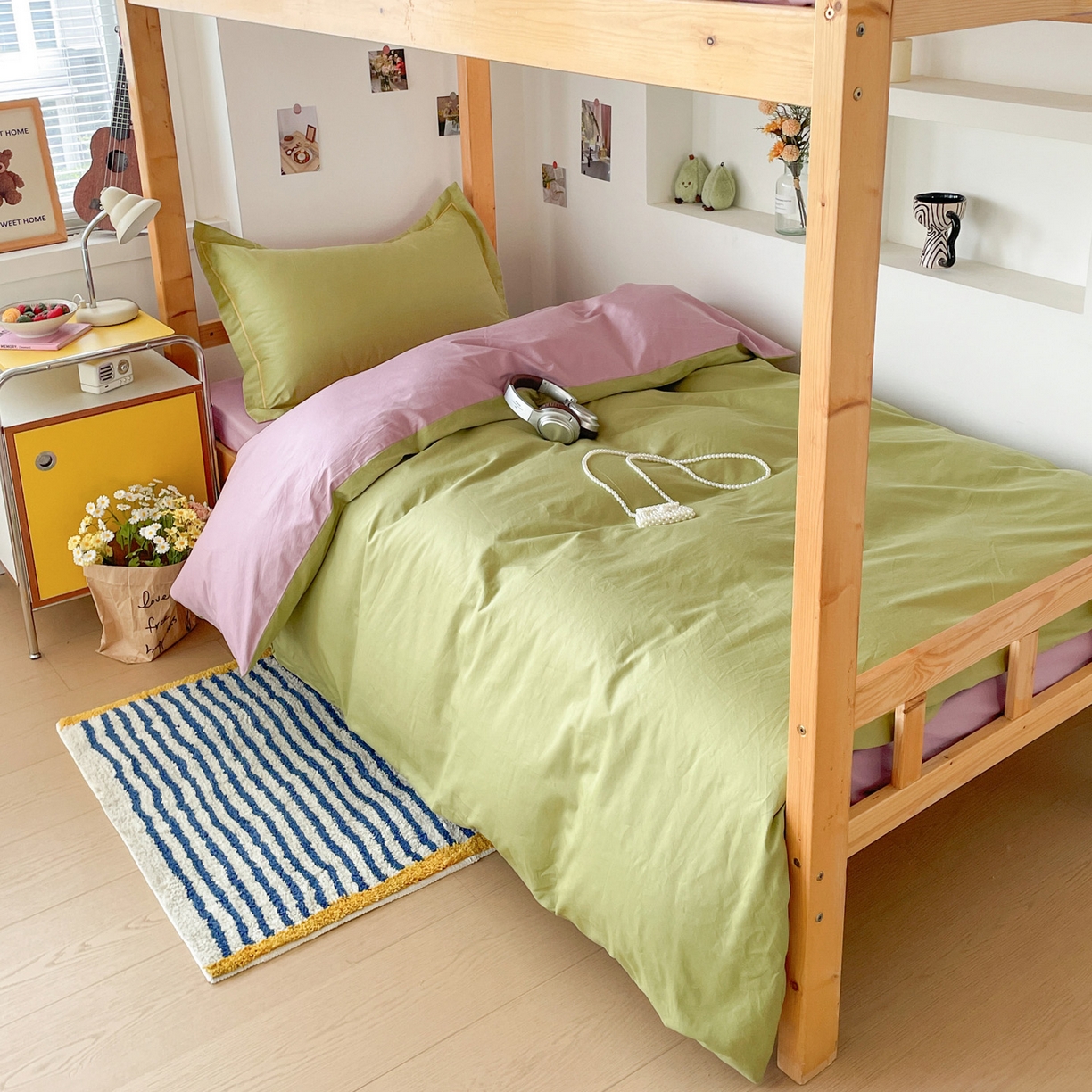 91家纺网 家纺一手货源 找家纺 恩泽家纺 2025新款全棉双拼学生宿舍三件套 果绿+香芋紫