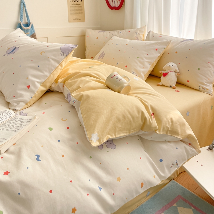 91家纺网 家纺一手货源 找家纺 首尔家纺 2025新款学生季全棉跑量款四件套系列卡通小清新AB版学生三件套 彩点小象