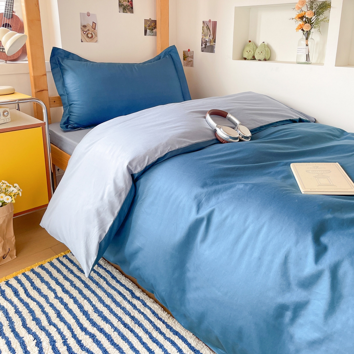 91家纺网 家纺一手货源 找家纺 恩泽家纺 2025新款全棉双拼学生宿舍三件套 宝蓝+月白兰