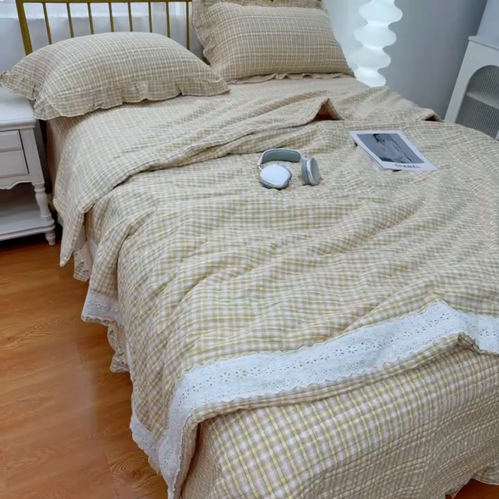 91家纺网 家纺一手货源 找家纺 暖居 2025新款全棉水洗棉床盖三件套可配同款被套同款多功能夏被四季通用 经典格子