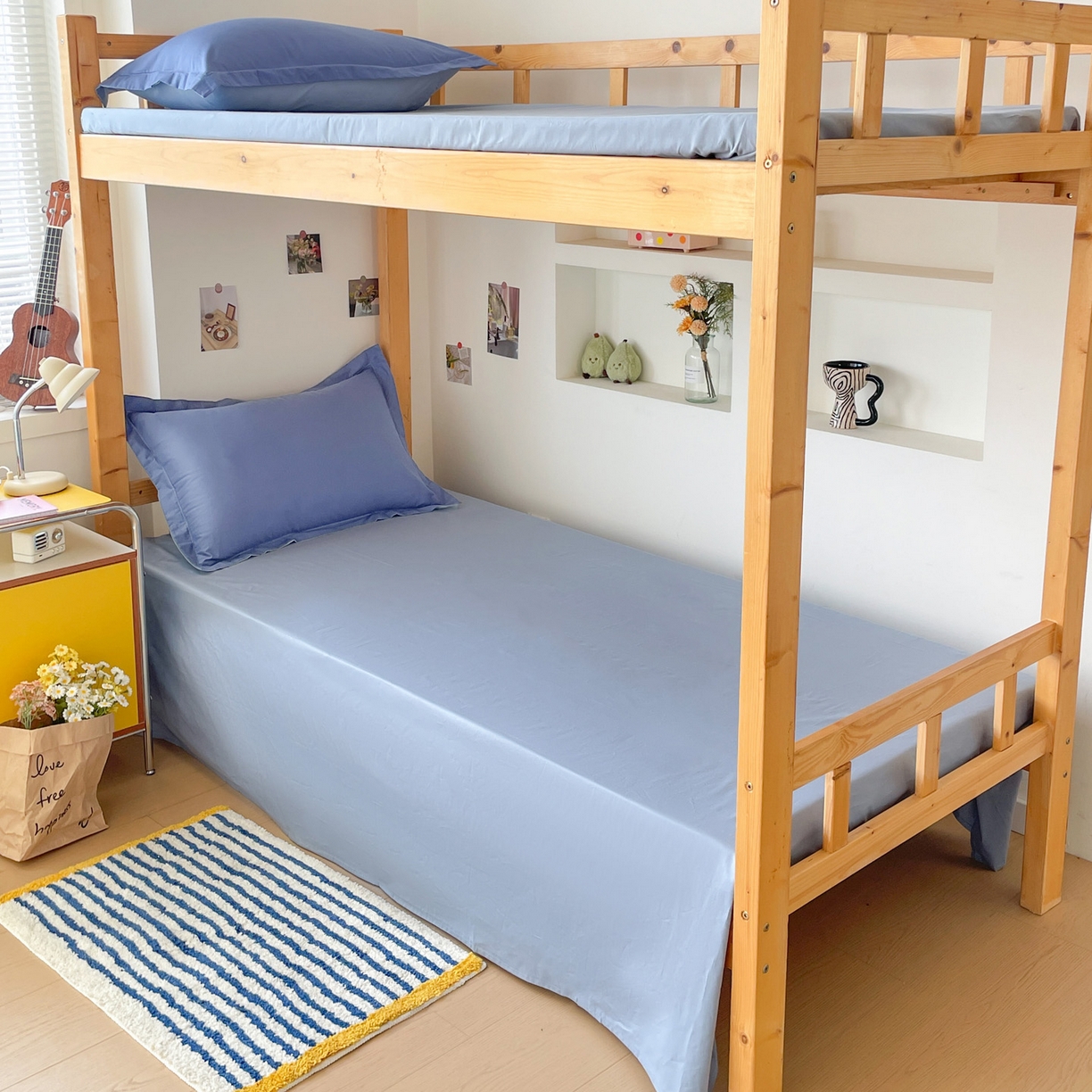 91家纺网 家纺一手货源 找家纺 恩泽家纺 2025新款全棉双拼学生宿舍三件套 藏青+月白兰