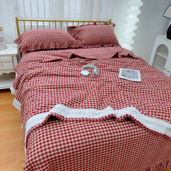 91家纺网 家纺一手货源 找家纺 暖居 2025新款全棉水洗棉床盖三件套可配同款被套同款多功能夏被四季通用 复式红咖格