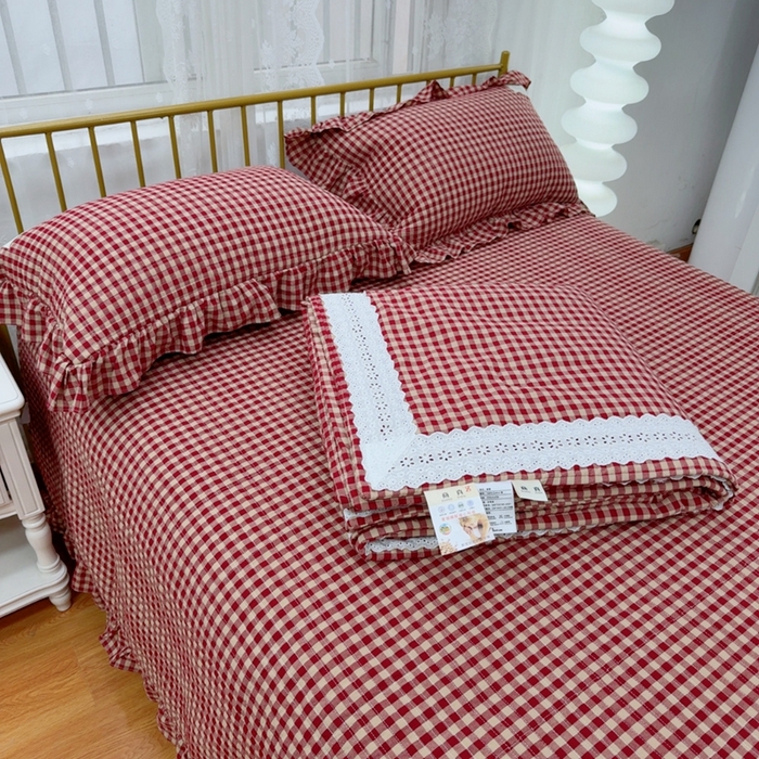 91家纺网 家纺一手货源 找家纺 暖居 2025新款全棉水洗棉床盖三件套可配同款被套同款多功能夏被四季通用 复式红咖格