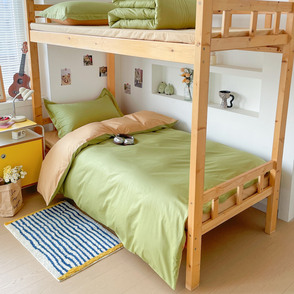 91家纺网 家纺一手货源 找家纺 恩泽家纺 2025新款全棉双拼学生宿舍三件套 果绿+卡其