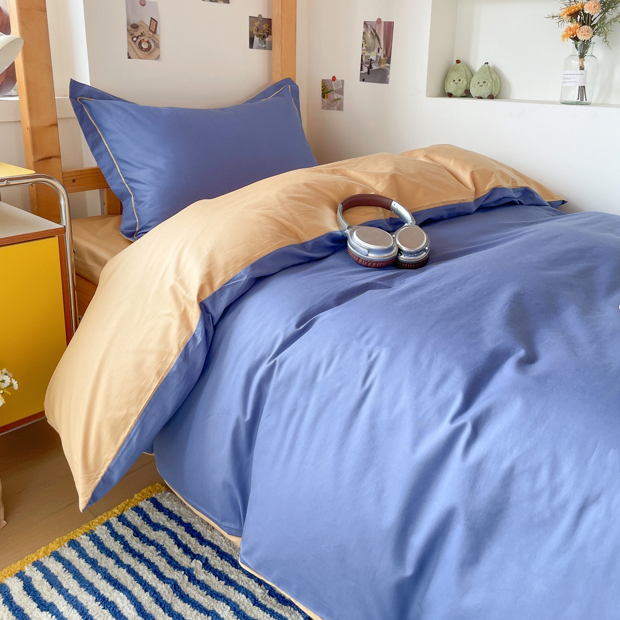 91家纺网 家纺一手货源 找家纺 恩泽家纺 2025新款全棉双拼学生宿舍三件套 藏青+卡其